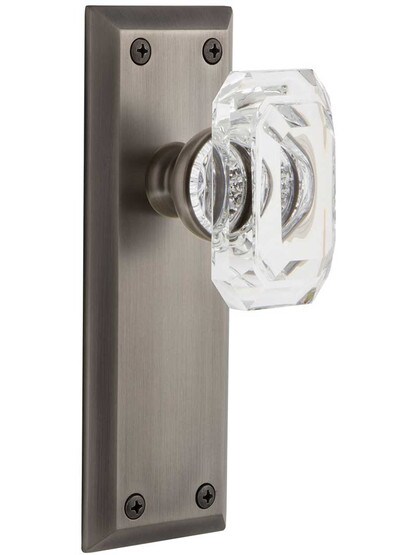 Grandeur Fifth-Avenue Door Set with Clear Crystal-Glass Baguette Knobs in Antique Pewter.